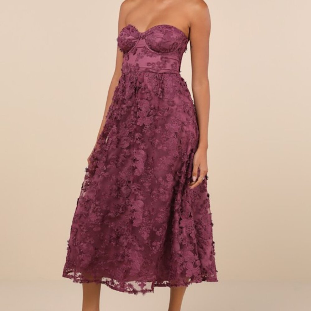 Lulus Quite Perfect Purple Floral Embroidered Strapless Midi Dress - Size XL
